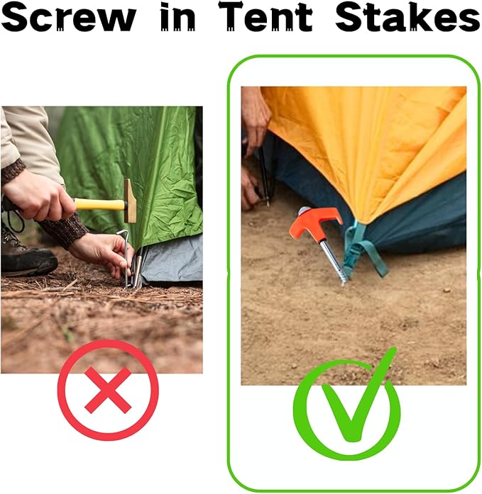 8" Screw in Tent Stakes - Ground Anchors Screw in, Screw in Tent Stakes Heavy Duty, Tent Pegs Camping Stakes, Metal Threaded Tent Spikes, Screw Tent Stakes with Hex Sleeves (8Pcs Green)