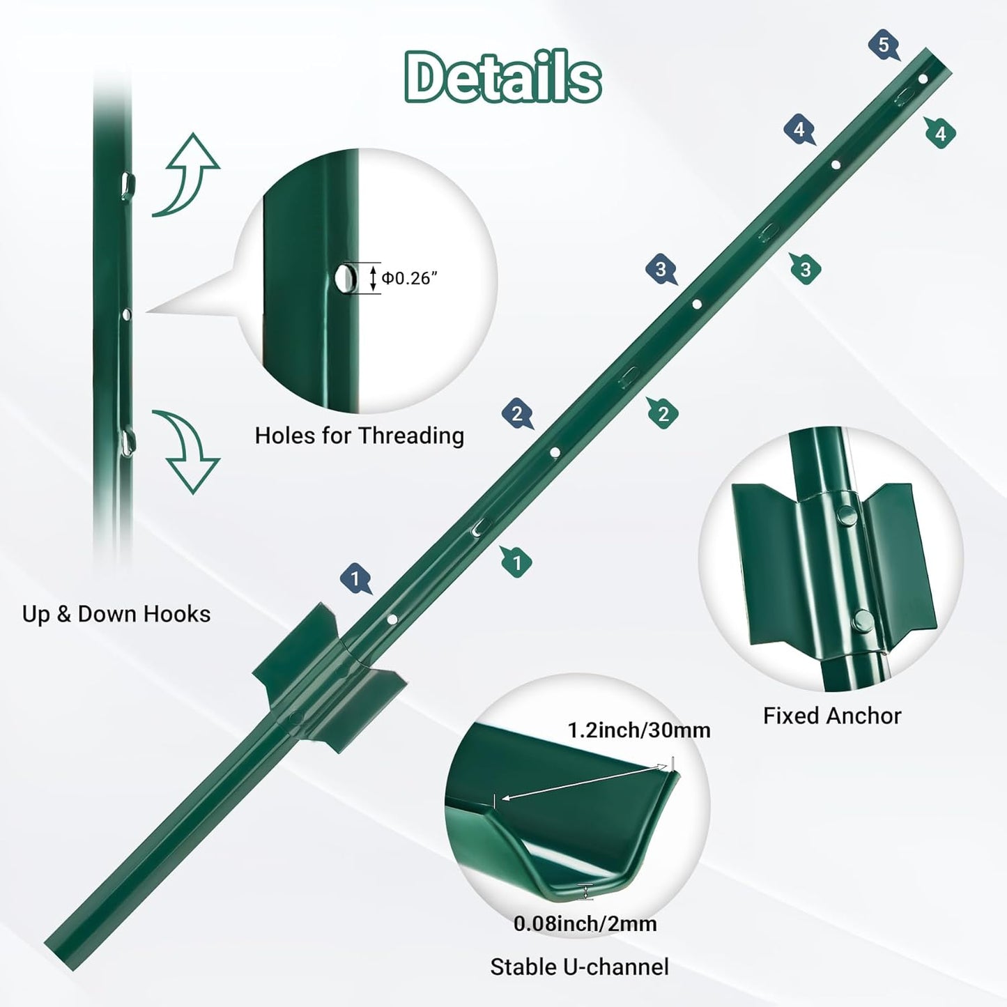 Fence Posts 3 Ft - 8 Pack, Heavy Duty Metal Fence Post, No Dig U Post for Farm, Garden, Orchard and Outdoor Wire Fencing (Green)