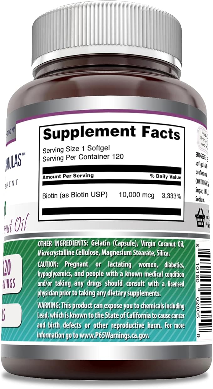 Amazing Formulas Biotin with Extra Virgin Organic Coconut Oil Supplement | 10000 Mcg | 120 Softgels | Non-GMO | Gluten-Free | Made in USA