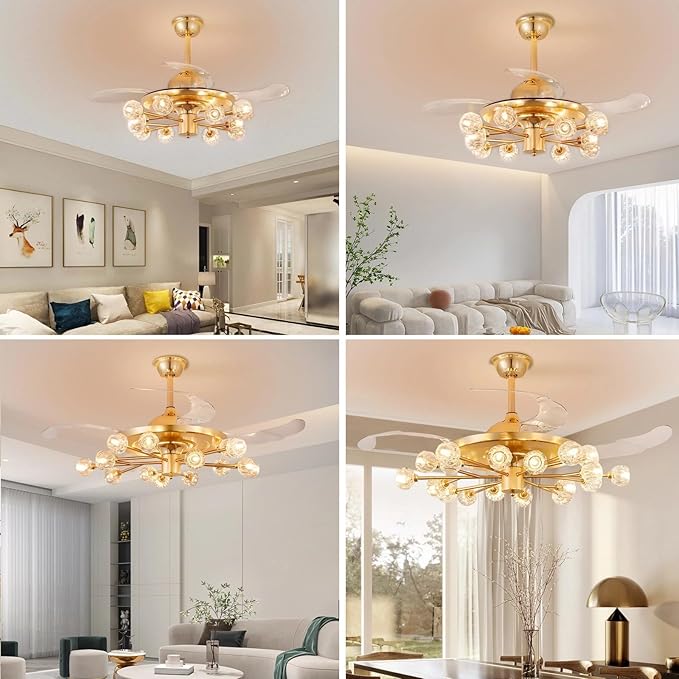48" Chandelier Ceiling Fans with Lights: 12-Light Sputnik Crystal Ceiling Fan Chandelier - Modern Retractable Fandelier Ceiling Fan for Dining Living Room Bedroom - Gold Fandelier with Lights