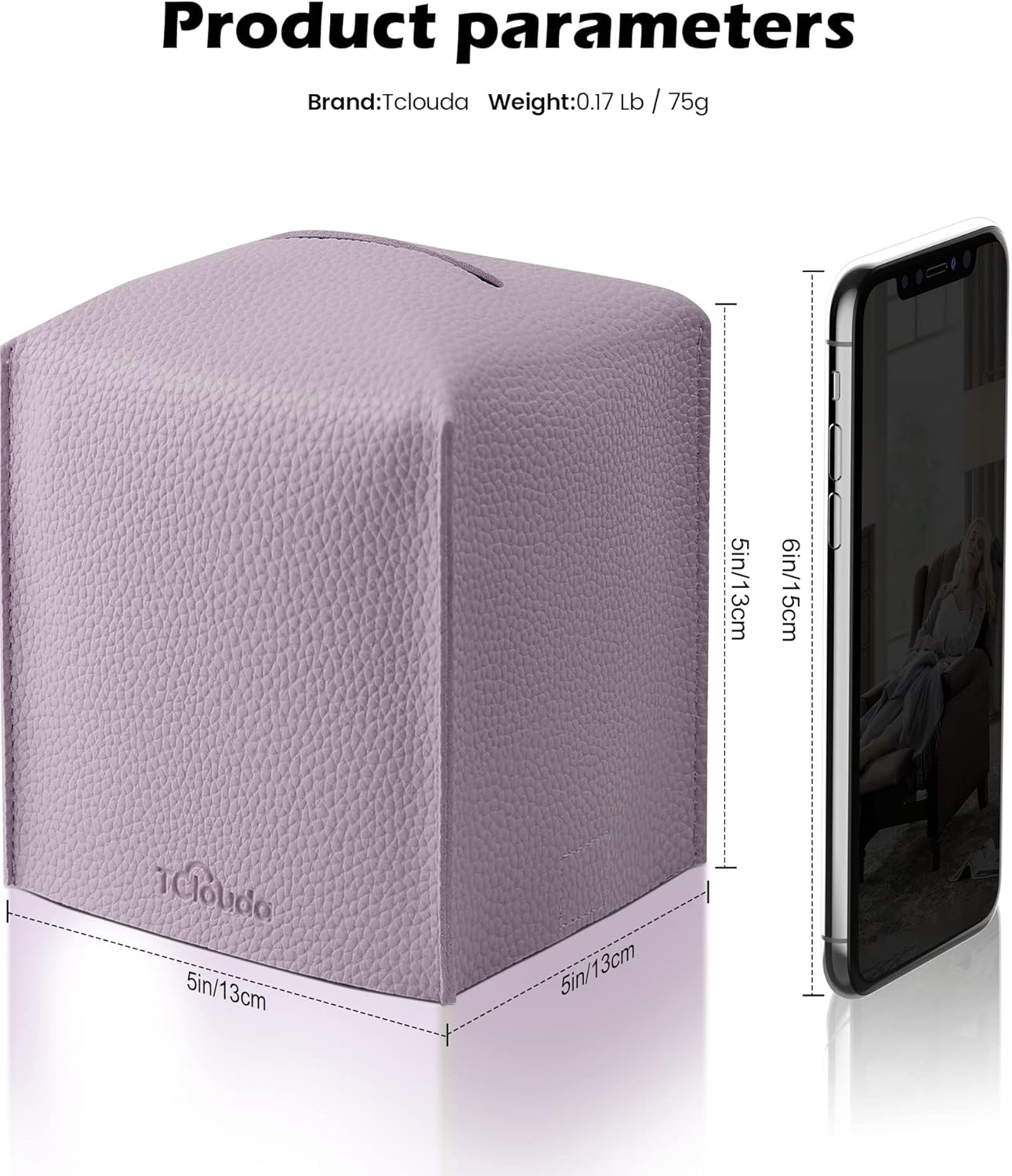 Tissue Box Cover for PU Leather, Modern Simple Solid Color Holder Square Tissue Bag, Ideal for Bathrooms,Office,Car,Nightstand,Outdoor Tent,Dining Table,5"X5"X5", Double Purple