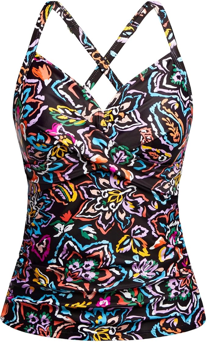 Women Tankini Bathing Suit Top - Twist Front V Neck Swim Top Only Ruched Tummy Control No Bottom 2025