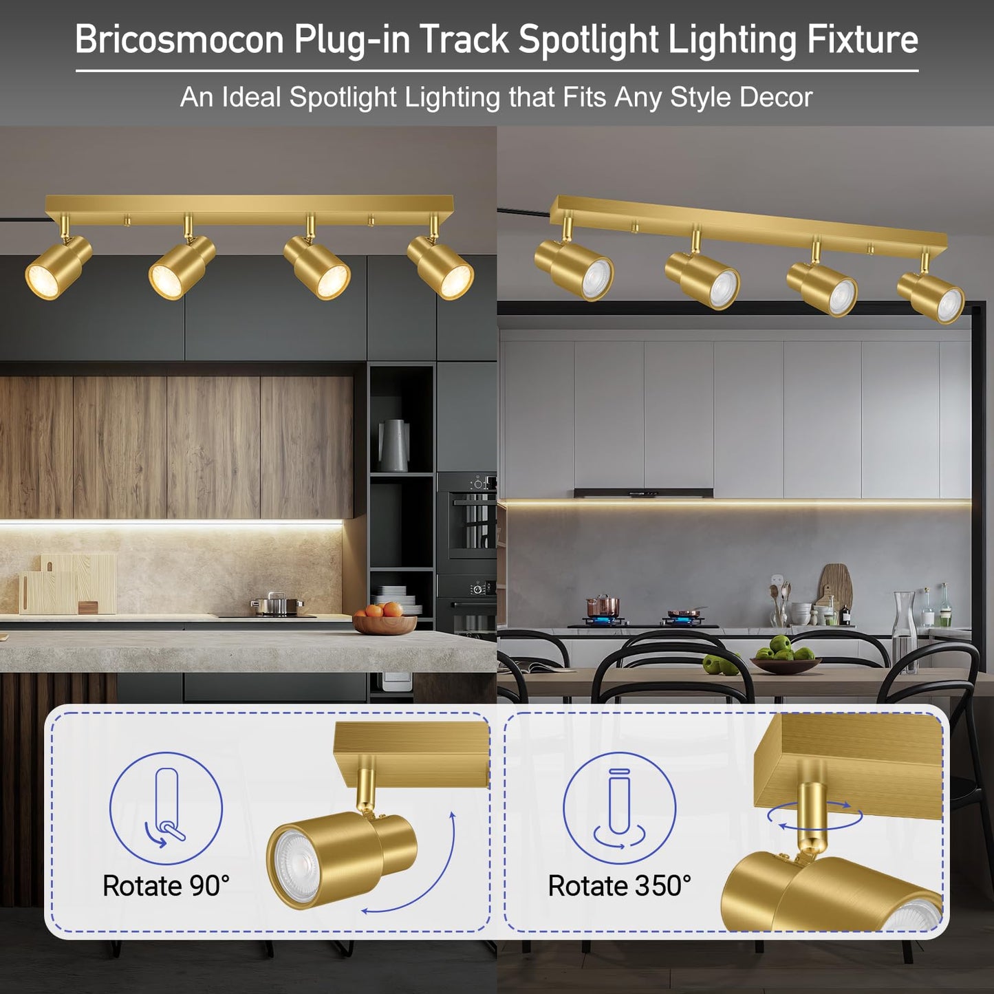 Plug in Track Lighting, 23" LED Track Light Fixtures Ceiling, Gold 4 Way Spotlight, Rotatable Light Head, Plug in Ceiling Light with Power Cord, Plug Wall Light for Kitchen Hallway Bar(GU10, NO Bulb)