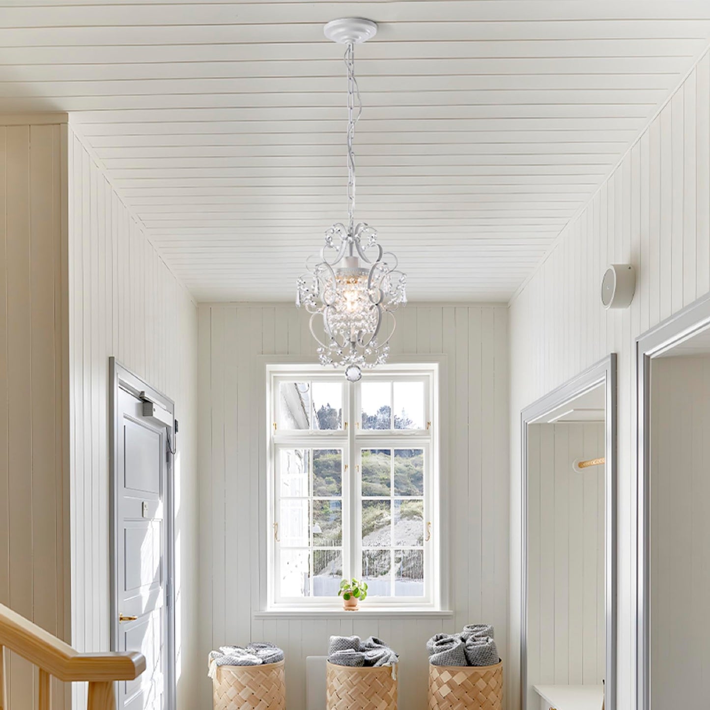 riomasee Mini Chandelier 1-Light, 11-Inch White Crystal Iron Ceiling Light Fixture, Model RM2024-19