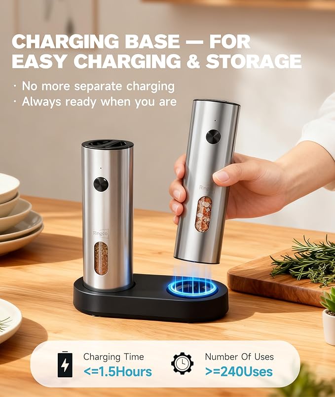 Ringco Electric Salt and Pepper Grinder Set with Charging Base, Rechargeable Salt and Pepper Mill with Adjustable Coarseness, LED Light, 110ml Large Capacity for Kitchen, Outdoors, Christmas Gift