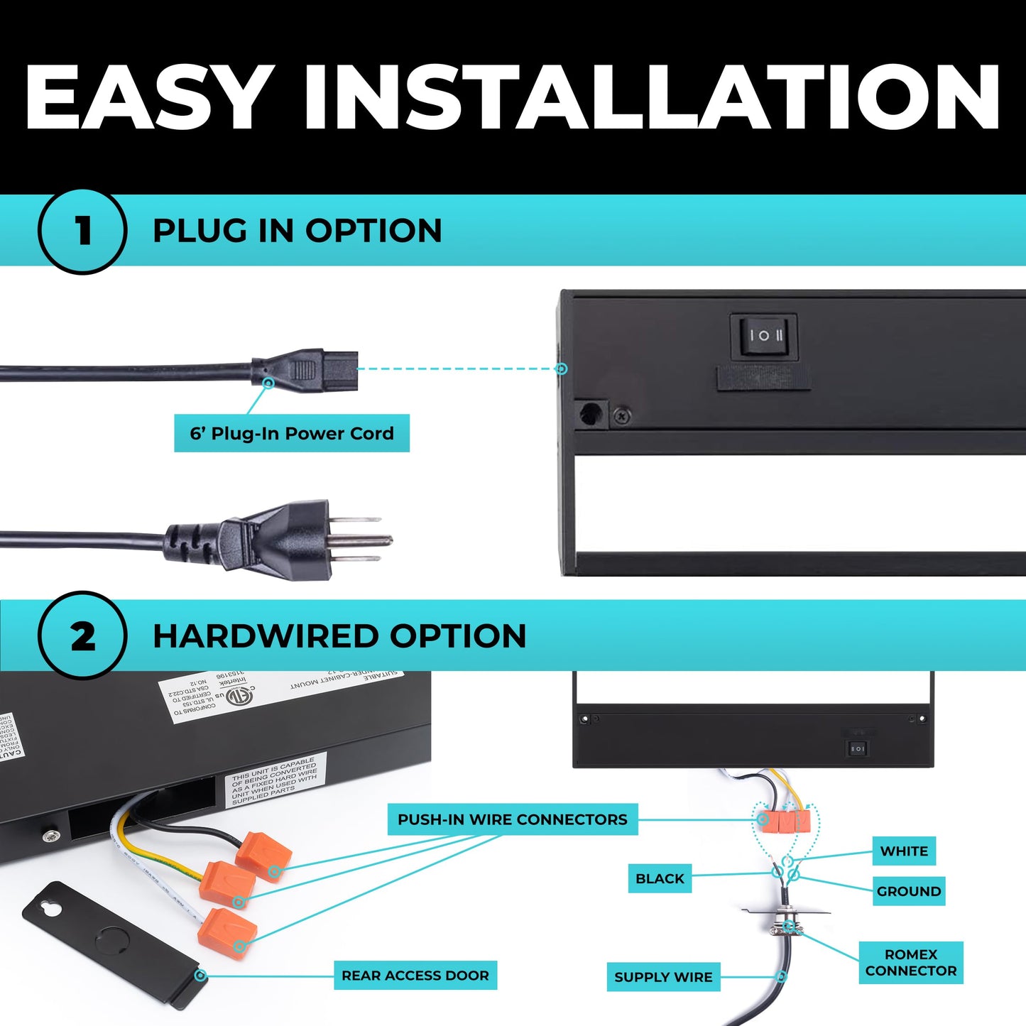 Led Under Cabinet Lighting Hardwired - Linkable Undercabinet Lights For Kitchen - 3Cct 9 Inch Black Finish - Undercounter Dimmable Plug In Light Or Hard Wired - Under Counter Fixture Direct Wire