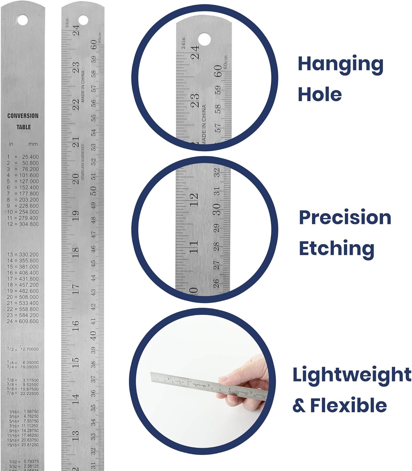 Pacific Arc 24 Inch Stainless Steel Ruler with Inch/Metric Conversion Table
