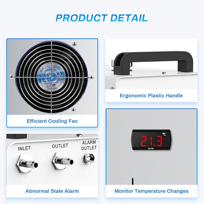 Industrial Water Chiller, CW-3000 Industrial Thermolysis Type Water Chiller, 6L Capacity 2.6gpm Water Cooling System for 40W-80W CO2 Laser Engraving & Cutting Machines, 50W / ℃