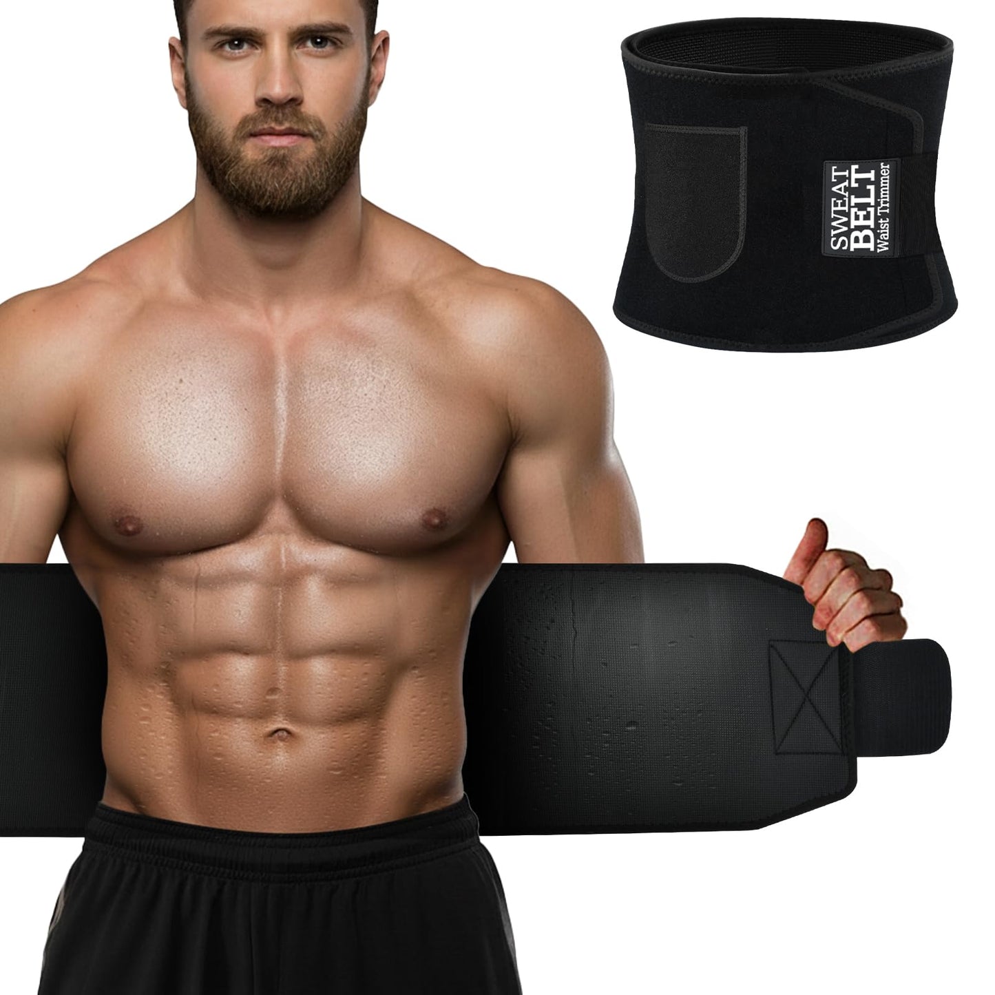 AMZBOSS Waist Trainer for Women & Men, Waist Sweat Band, Belly Band Sweat Belt, Stomach Wrap, Body Shaper Belt with Pocket (Black, Large)