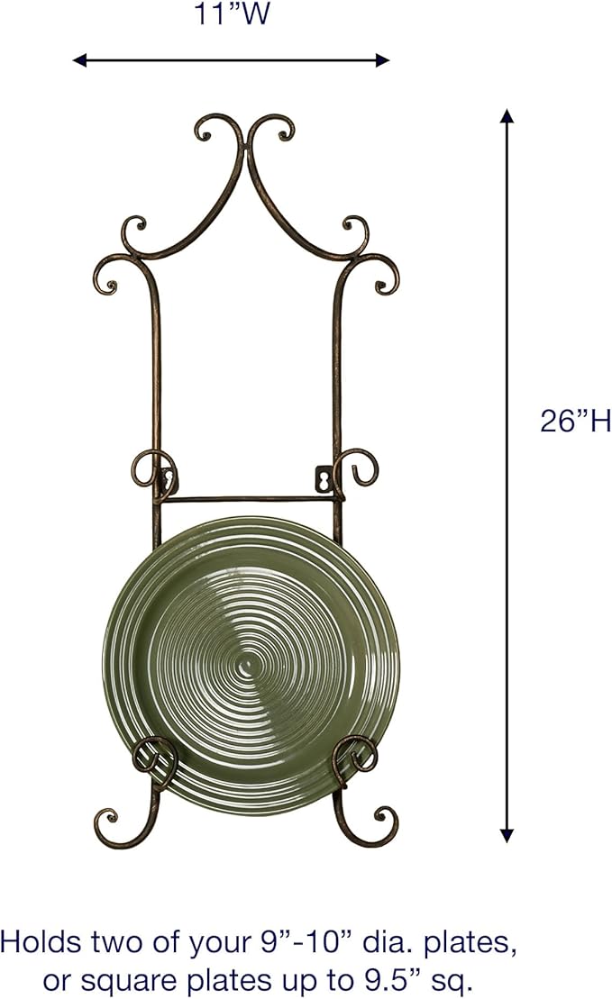 Touch of Class Regalla Scroll - Vertical Hanging Plate Rack - For 9-10" dia. Plates - Antique Bronze Finish - 26 in. tall Two-Plate Rack
