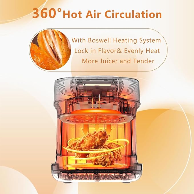 7.4QT Air Fryer with Glass Bowl, Visible Window Lid, Digital Control, 360° Rapid Air Circulation, for Healthy Oil-Free Cooking & Baking, Dishwasher Safe, Nonstick, Easy Clean (White)