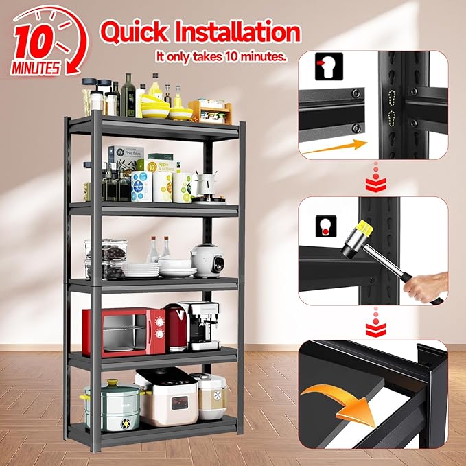Kitchen Storage Shelves, Heavy Duty Shelving Unit, 5-Tier Adjustable Pantry Shelf, Food and Beverage Storage Shelves, Durable Metal Shelving, Appliance Storage, 59.1" H, Black