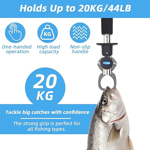 Fish Gripper with Scale – 33 lb Stainless Steel Fish Lip Gripper, EVA No-Slip Handle, Quick-Release Fish Lip Clamp, Adjustable Wrist Lanyard for Kayak, Boat & Bank Fishing
