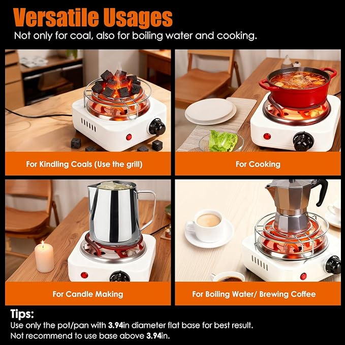 Electric Charcoal Burner Stove, 500W Hookah Single Coil Hot Plate Starter with Grill Tongs, 5-Level Temp, Smart Heat Control & Stainless Steel Fast Heating for Cooking top Countertop(Black)