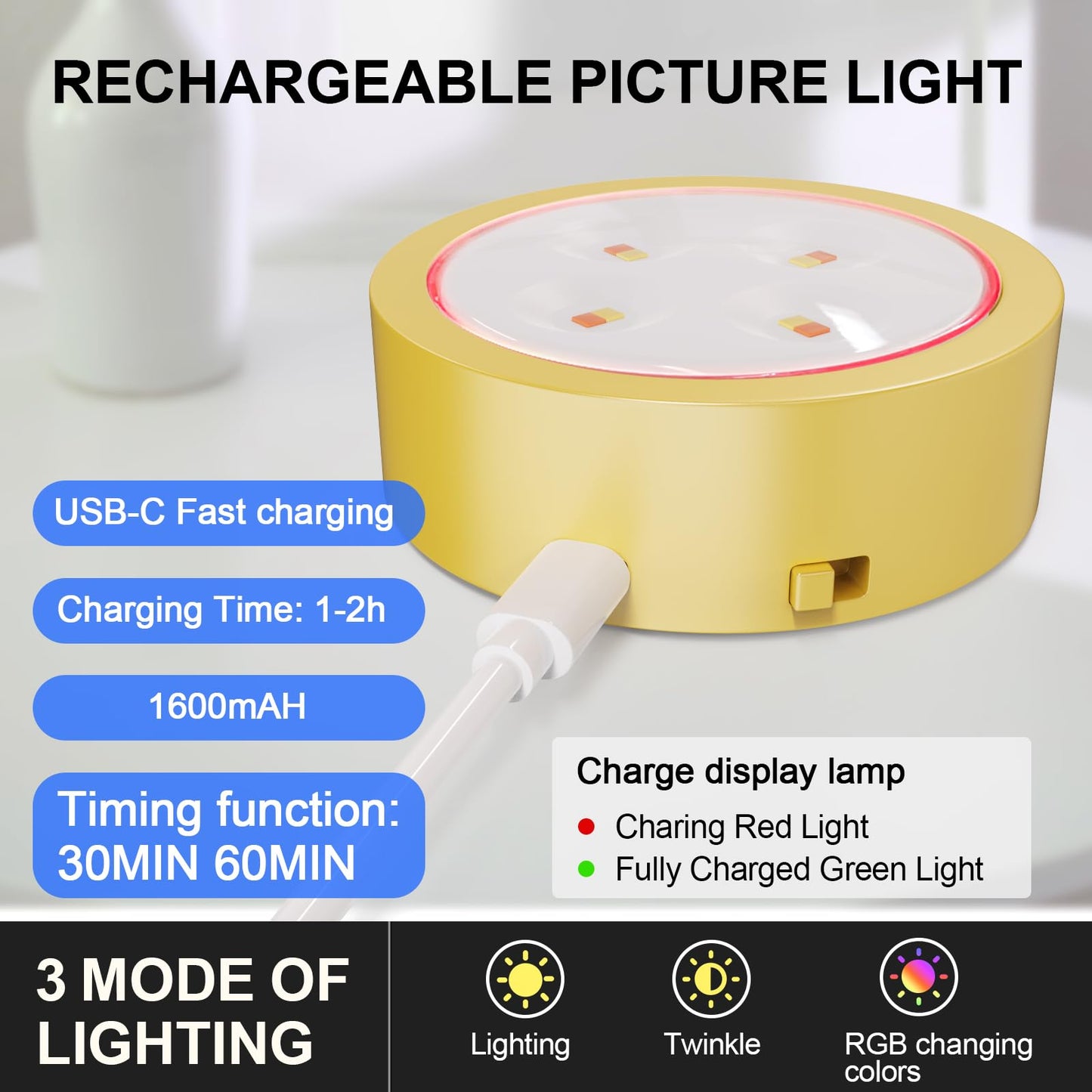 Narotood 3 Pack Picture Lights, Rechargeable RGB Battery Operated, Wireless Magnetic, Remote Control Timer, Golden