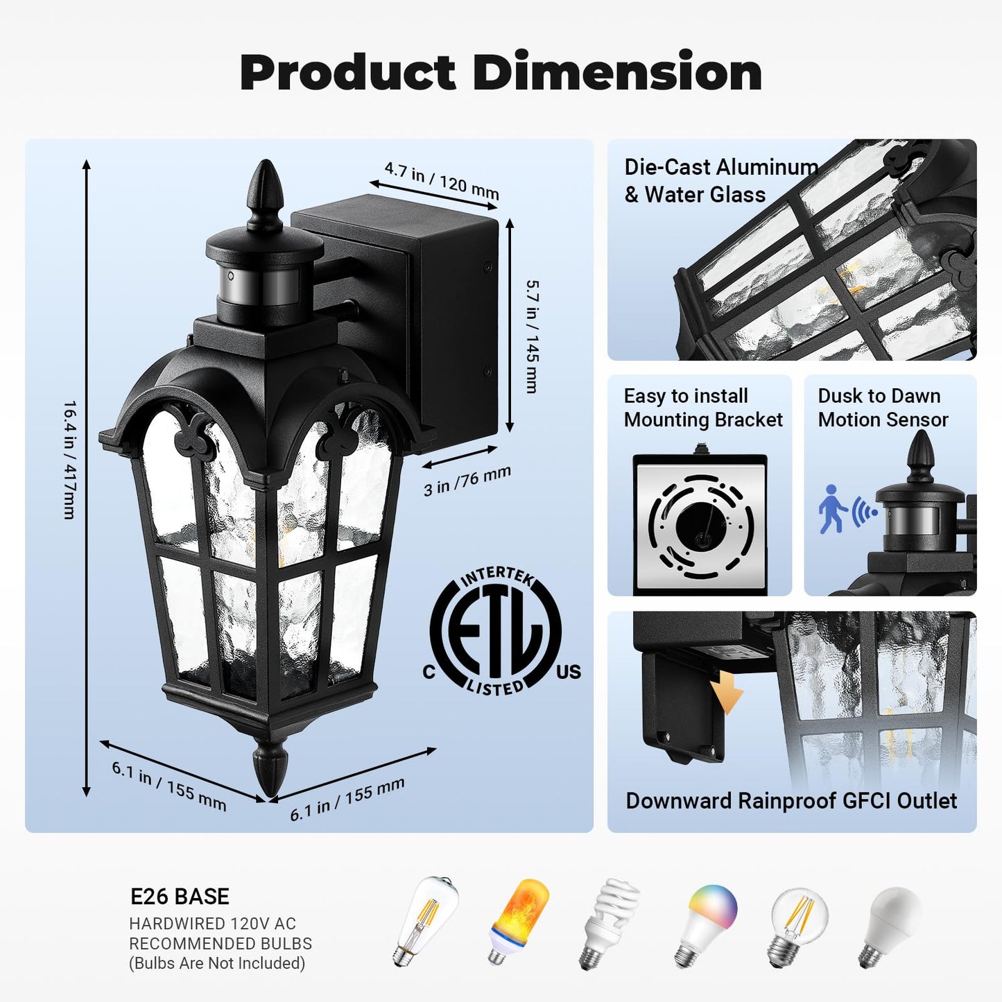 Opaxis Black Outdoor Patio Lights With Gfci Outlet 2-Pack  Upgraded Motion Sensor Outside Lighting With Water Ripple Glass  Dawn To Dusk Outdoor Light Fixture For House  Garage  Garden  Waterproof