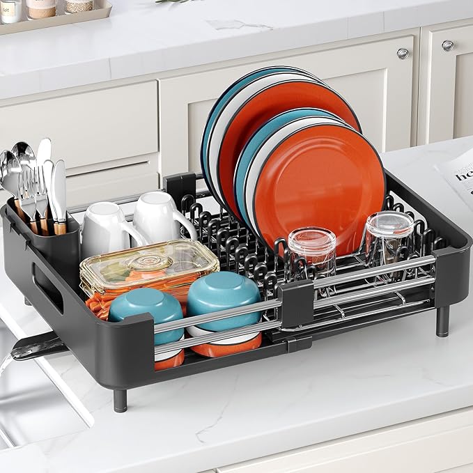 TOOLF Dish Drying Rack for Kitchen Counter, Extendable Dish Rack with Drainboard, Expandable Dish Drainer, Collapsible Dish Strainer with Cutlery Holder, Foldable Countertop Plate Rack, Dark Black