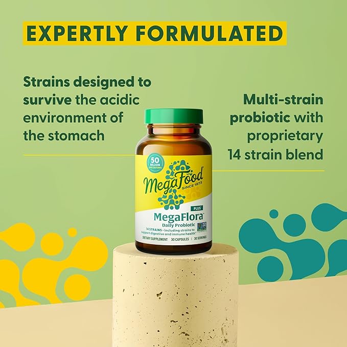 MegaFood MegaFlora Probiotic Plus - Probiotics for Women Digestive Health- Probiotics for Men - 50 Billion CFUs & 14 Strains - Immune Support Supplement - Vegetarian - 60 Capsules, 60 Servings