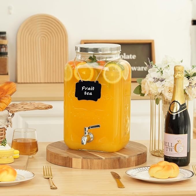 Moretoes 2 Gallon Glass Drinks Dispenser for Parties, Sun Tea Glass Jar for Outside Beverage Dispenser with Stainless Steel Spigot and Lid for Juice and Iced Tea, Pitcher