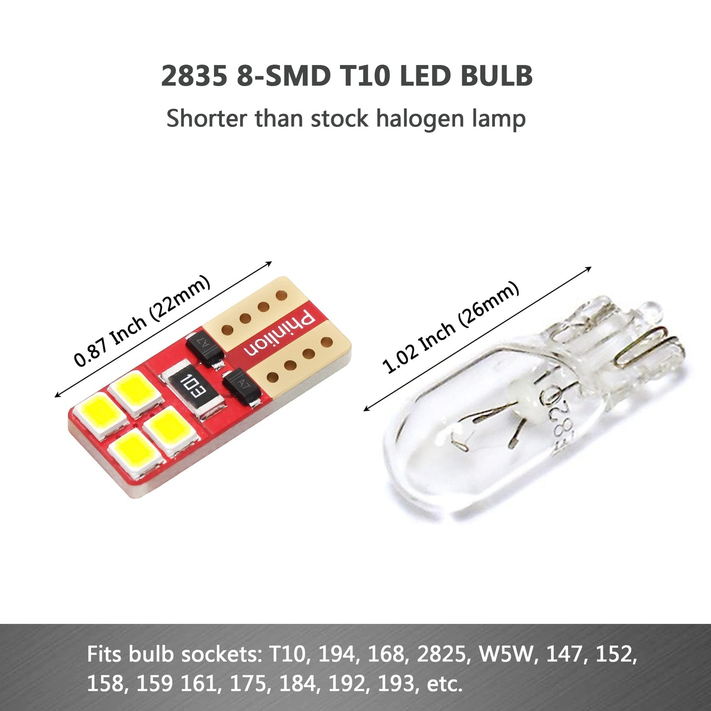 PHINLION LED Light Bulb T10-2835-8SMD-W, 6000K White, Super Bright Replacement Bulbs for Car Interior, Pack of 10