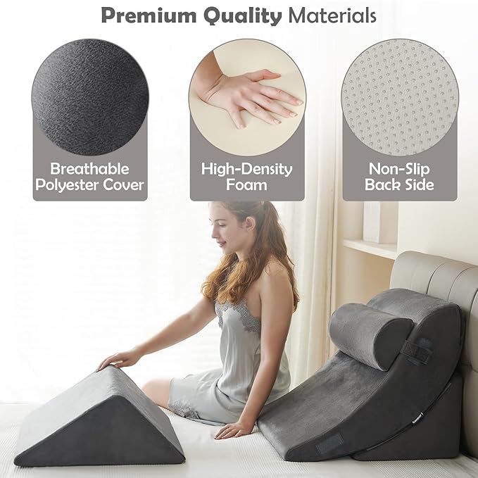 Ganaver 4Pcs Wedge Pillow for Sleeping, Orthopedic Bed Wedge Pillows for After Surgery, Foam Triangle Sit Up Pillow Wedge for Back, Neck, Shoulder Support, Leg Elevation, Acid Reflux, Snoring, Grey