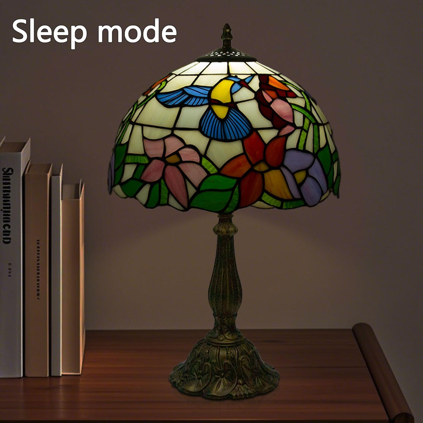 Crefotu 12 Inch Tiffany Table Lamp, Stained Glass, Remote Control, Dimmable Brightness, Hummingbird, Model CFLP-0003