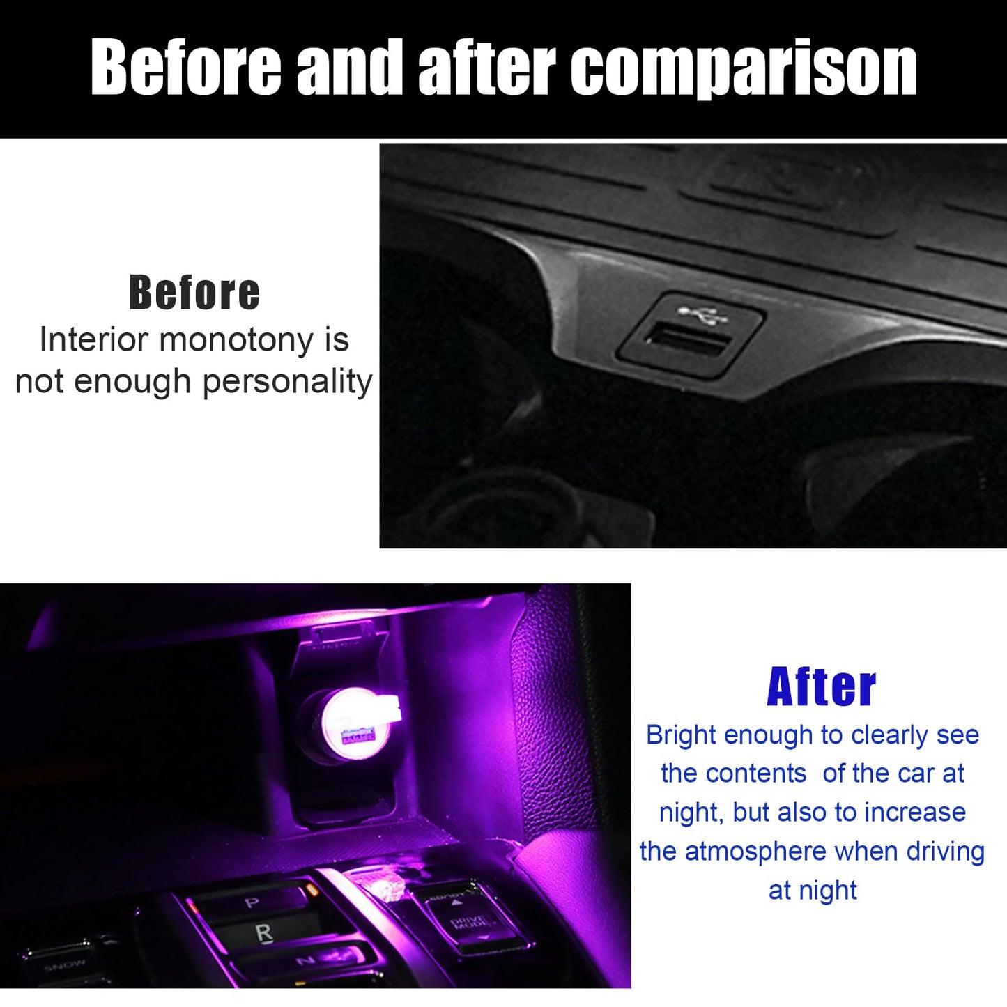 Sylvil 5 Pcs Usb Led Car Interior Atmosphere Lamp  Portable Mini Led Night Light  Plug-In Usb Interface Trunk Ambient Lighting Kit  Universal Interior Car Accessories (Blue+Red+Ice Blue+White+Purple)