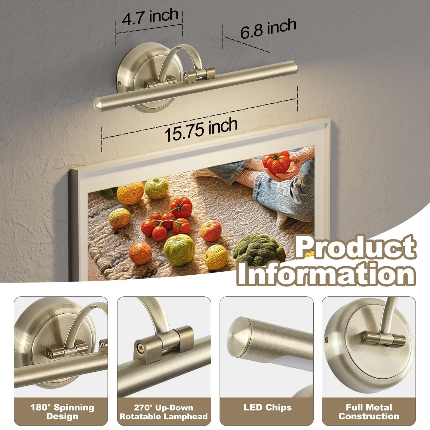 Tassuowell Antique Bronze Picture Light For Wall Dimmable discomfort-reducingting Light 16 Inch Hardwired Picture Frame Lights 9W 3000K Warm White Art Lighting Display Lamps Rotatable Full Metal Gallery Light