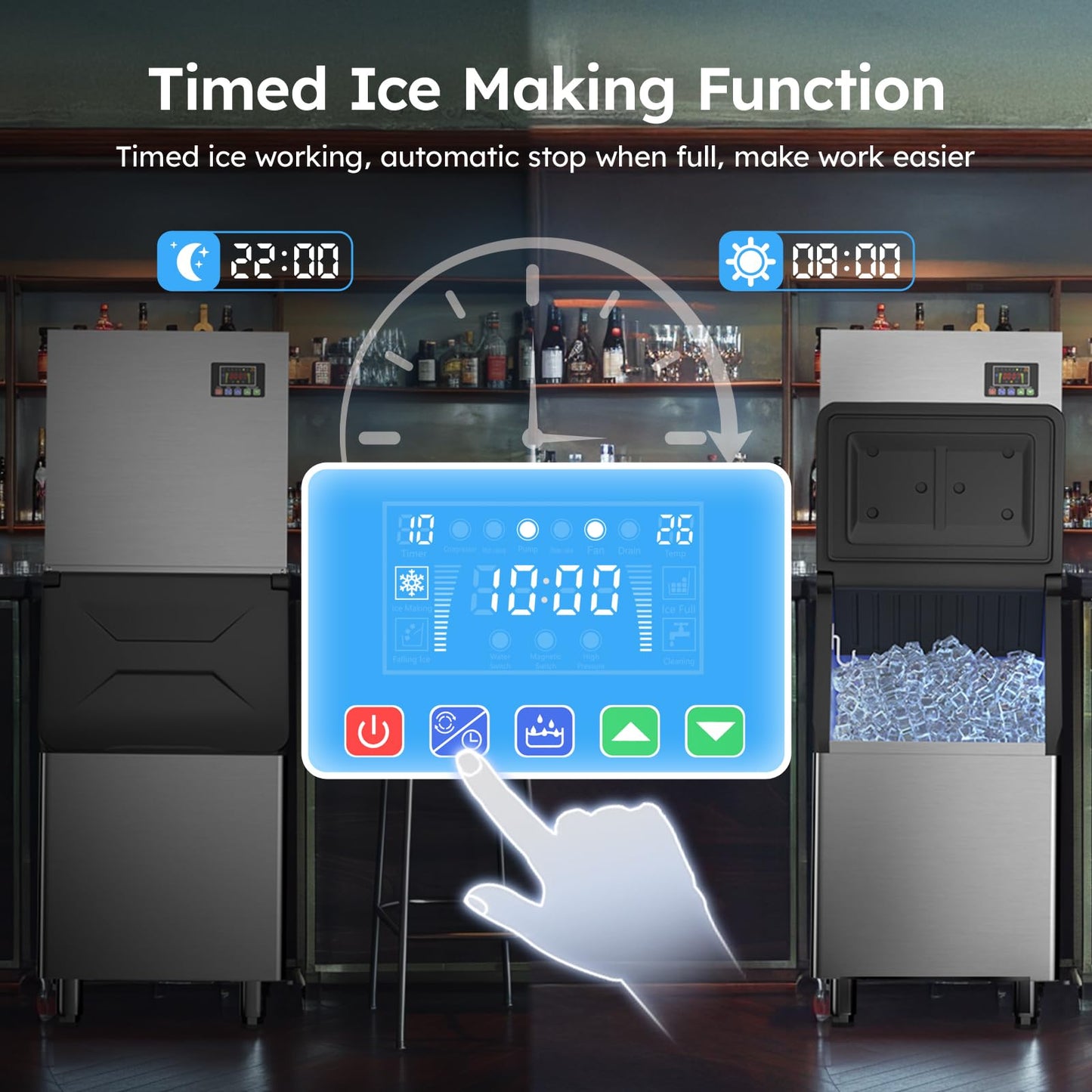 Commercial Ice Machine 680LBS/24H,Storage 560LBS,Large Industrial Ice Maker,Ice Ready in 5-15min,with Self-Cleaning Mode,with Timing Function,30 Levels of Ice Thickness Adjustment,Stainless Steel