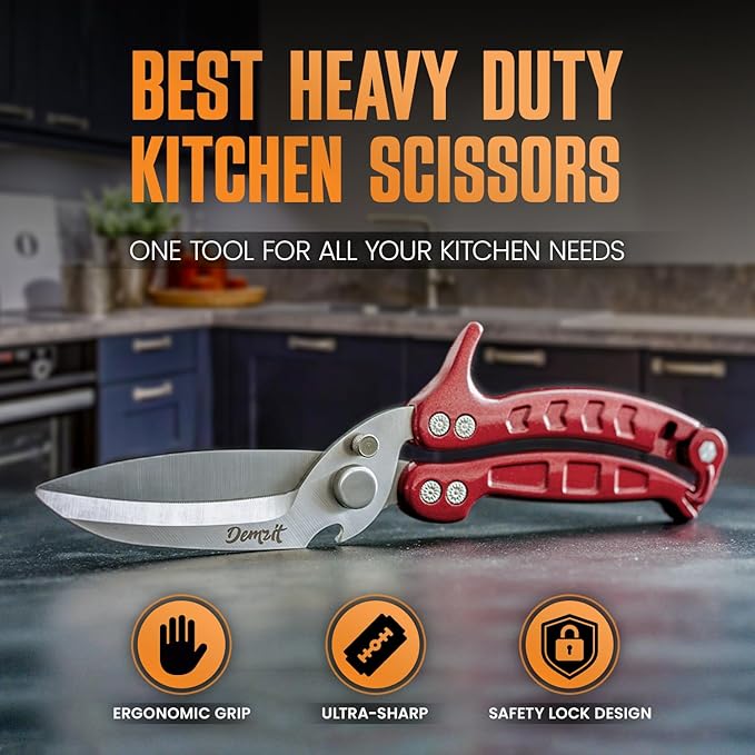 Poultry Shears, Kitchen Shears Heavy Duty for Food With Anti-Slip Handle & Safety Lock, Meat Scissors, Chicken, Lobster, Quail, Fish, Food Cutting Scissors, Bone Cutter (Ultra shears Red)