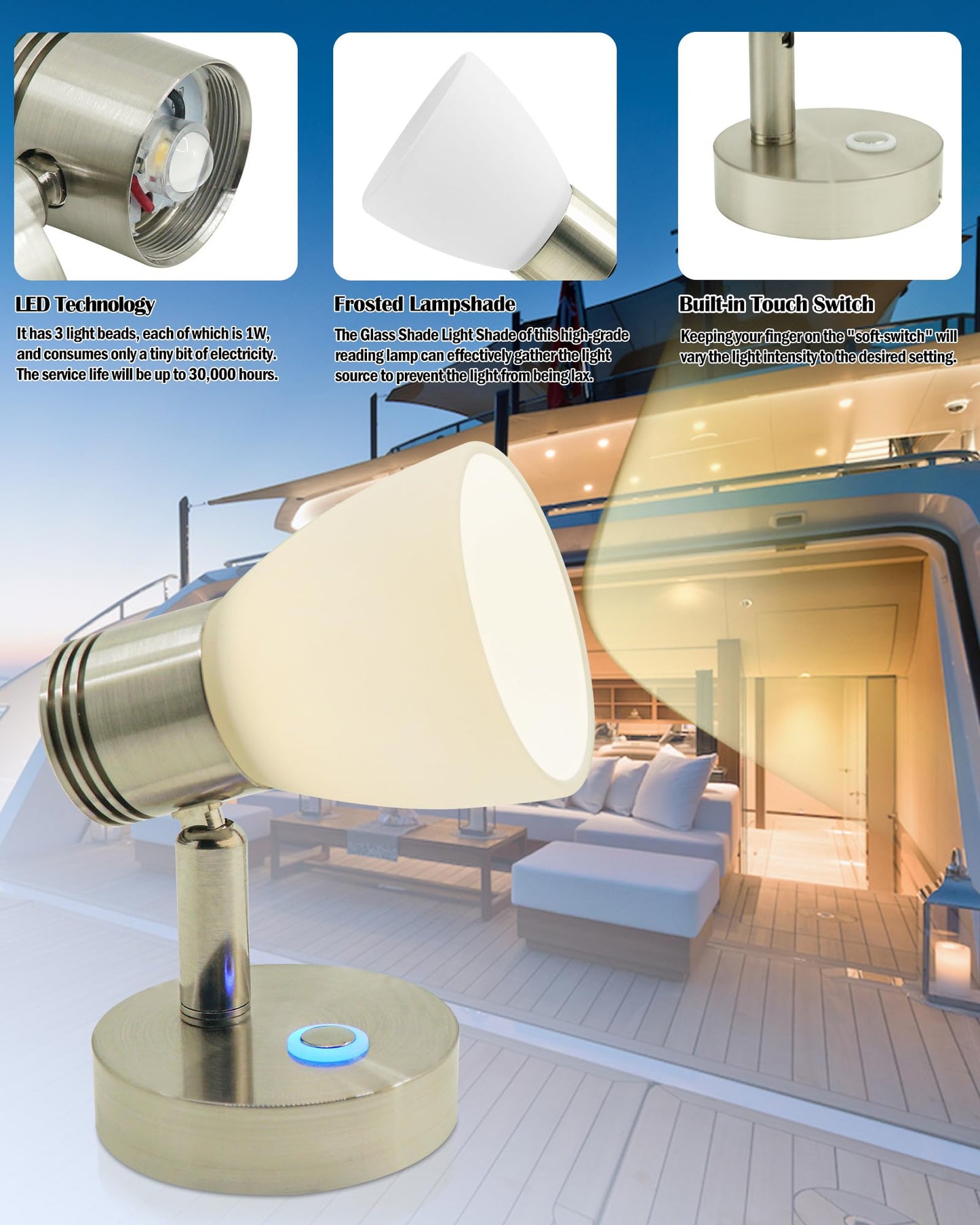 Thalassa Rv Interior Lights Led 12V Fixtures Dimmable Boat Reading Lamp 12 Volts 3W Wall Sconce Led For Marine Caravan Camper Van Indoor Warm White Sconces Lighting