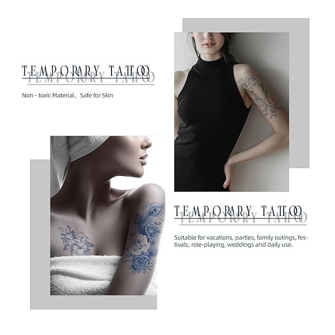 Women's Artistic Temporary Tattoos | Featuring Floral, Jellyfish, Elephant & Dragon-Head Patterns, Safe & Non-Toxic, Suitable for Daily Life, Parties & Travel (Sea Blue)