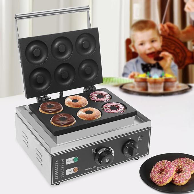 Commercial Waffle Donut Machine, 110V 1550W Electric Donut Maker w/Non-stick Surface, Temperature 122-572℉, 6 Holes Double-Sided Heating Doughnut Waffle Maker for Home Bakery Mall (6 Donut Holes)