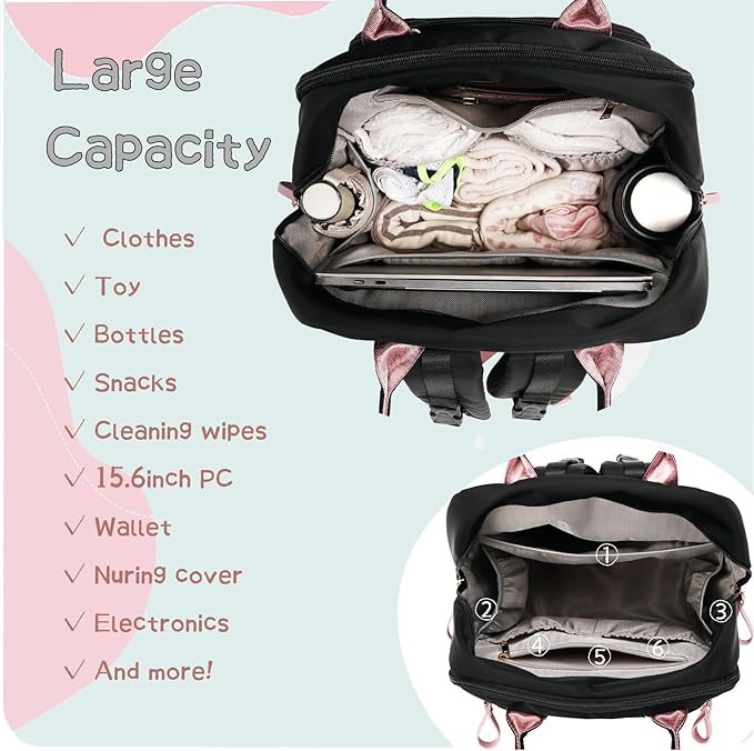 18 Pockets Large Diaper Bag Backpack with Waterproof Pockets and Stroller Buckle, Convertible Baby Bag (Black, Large)