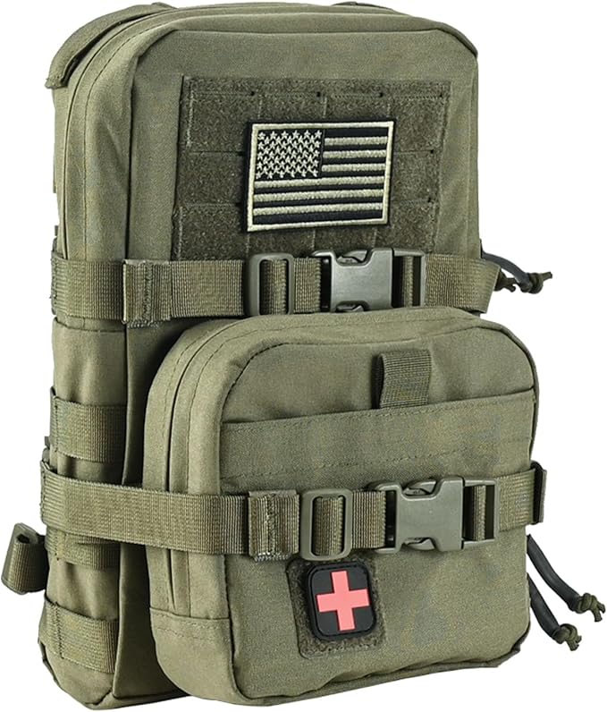 Tactical Mini Molle Hydration Pack,Molle Hydration Carrier with IFAK Pouch&US Flag&Med Patch,Hydropack for 2L Water Bladder