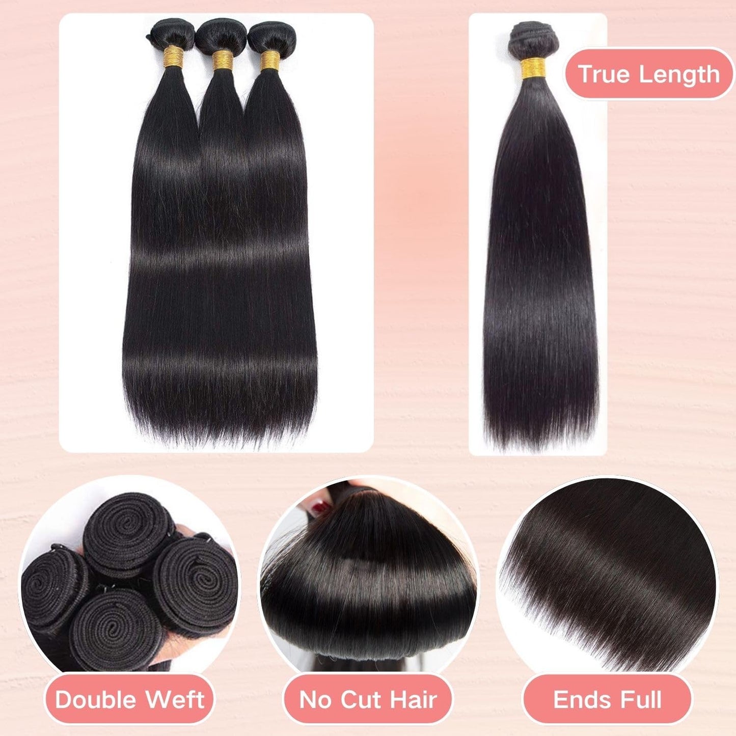 Aliprincess 12A Human Hair Bundles - 20, 22, 24 Straight - 100% Unprocessed Brazilian Virgin Human Hair - Quick Weave - Natural