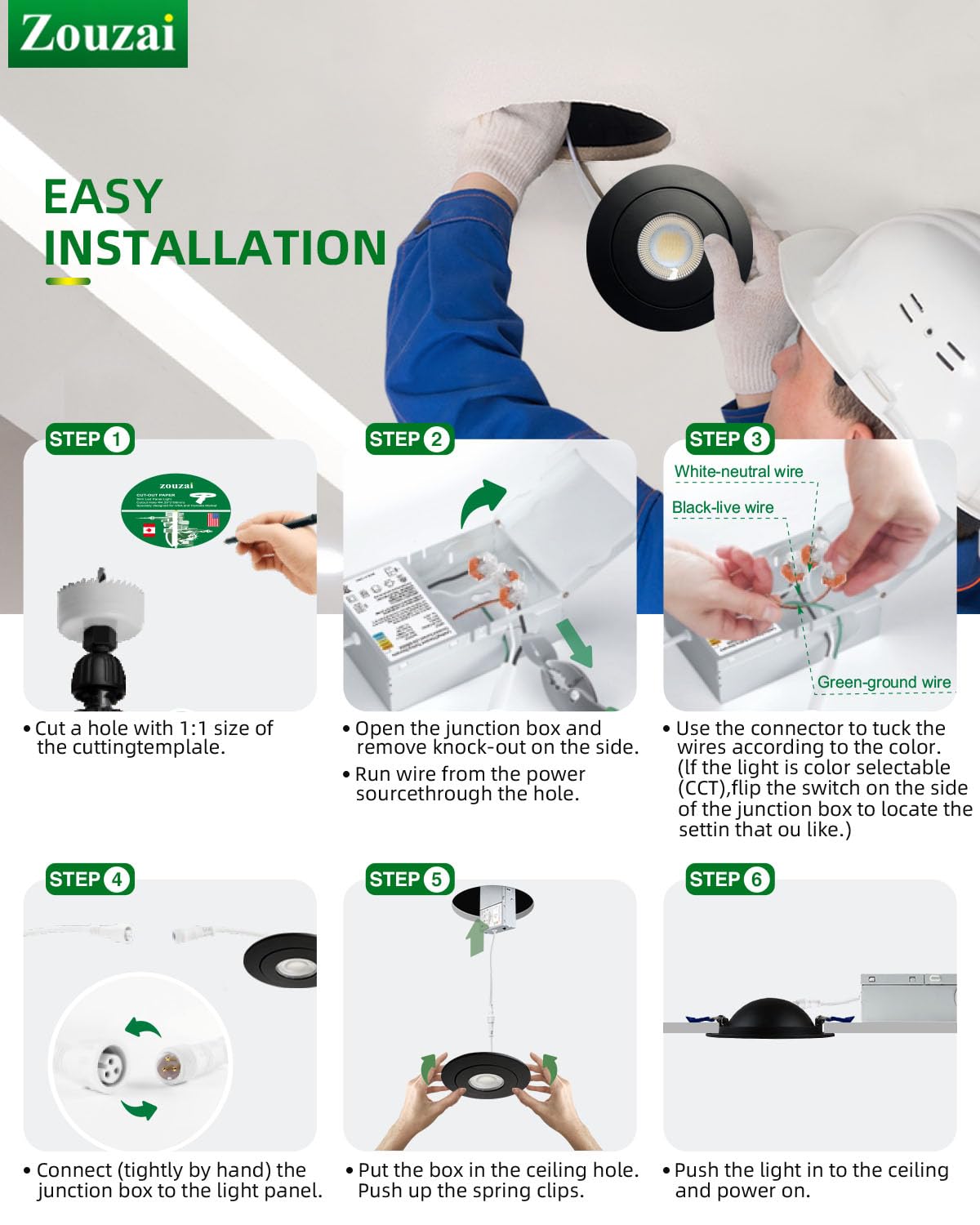 Zouzai 4 Inch 5Cct Gimbal Black Led Recessed Lights  360+90 Adjustable Directional Recessed Lighting  2700K-5000K Dimmable Retrofit Eyeball Can Lights With Jbox  Etl&Energy Star (Black 12 Pack)