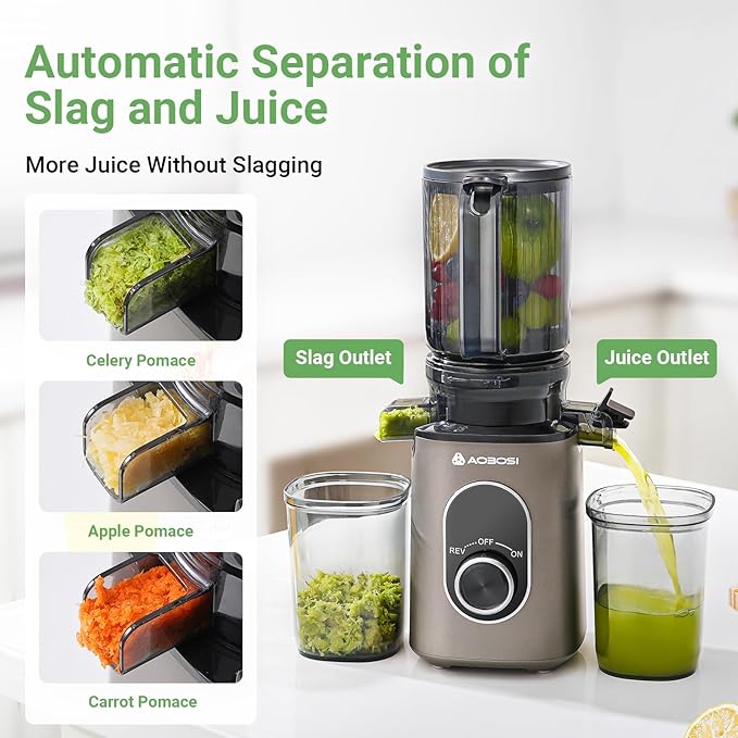 AAOBOSI Cold Press Juicer,4.35" Large Feed Chute Masticating Juicer Machines (Upgrade) High Juice Yield Slow Juice Extractor fit Fruits &Vegetables, Easy to Clean, New Designed for Home and Travel