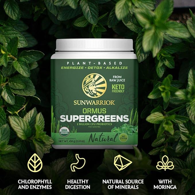 Sunwarrior Vegan Organic Greens Probiotic Powder | 2 Billion CFU Probiotics Organic Raw Juice Soy Free Gluten Free Dairy Free Sugar Free Kosher | Natural 90 Servings | Ormus Supergreens