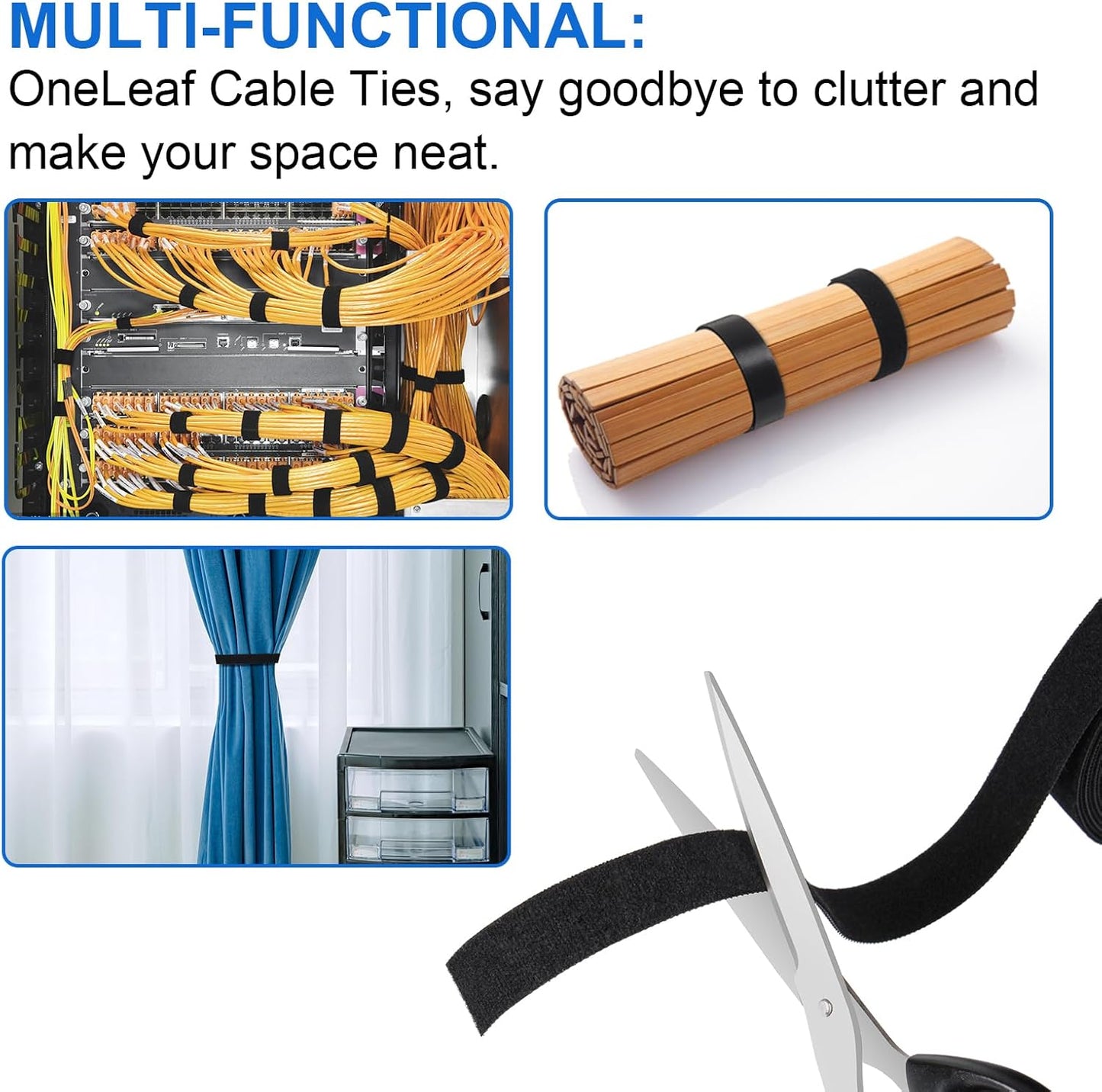 OneLeaf 20ft x 1/2inch Fastening Cable Ties Roll, Reusable Self-Gripping Strips, Double Sided Hook and Loop Tape Cable Management, Cut to Length Straps, Black Heavy Duty Wire Management