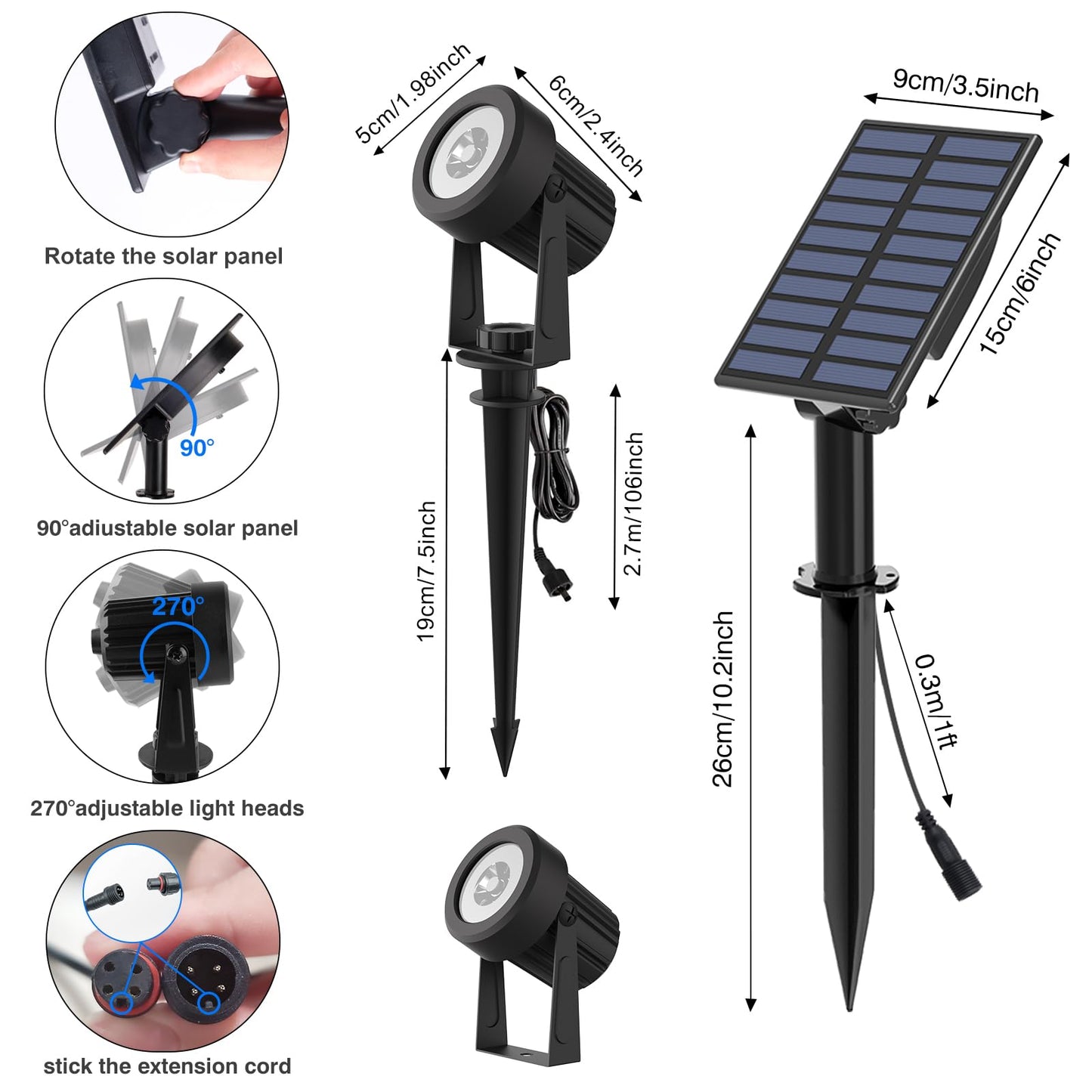 T-SUNUS RGB Solar Landscape Spotlights Christmas, Color Changing Spot Light Outdoor IP65 Waterproof Garden Lights 9.8ft Cable with Separated Panel for Yard Driveway Porch Walkway Pool Patio Halloween