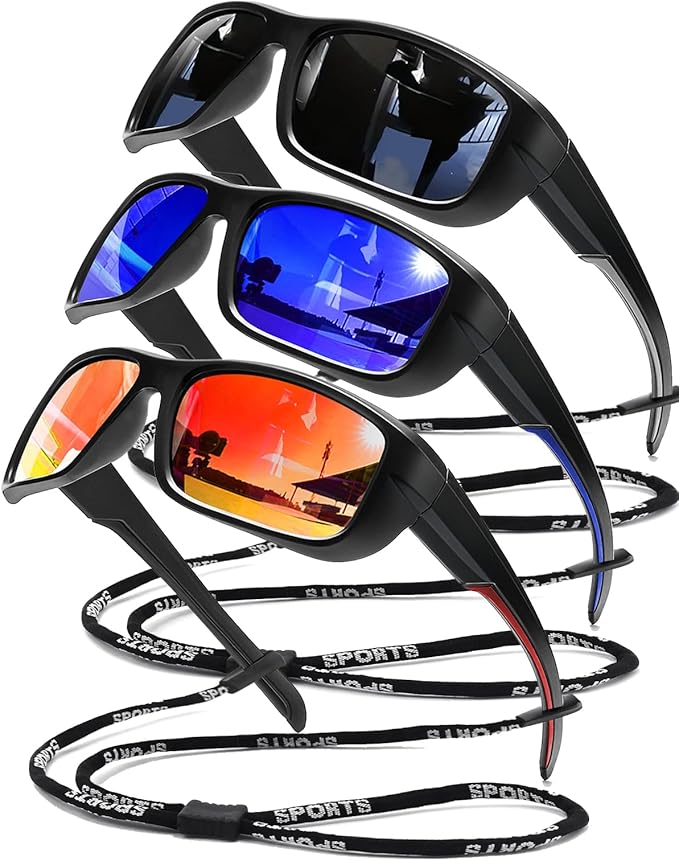 SQOQS 3Pack Polarized Sports Sunglasses for Men, Wrap Around Frame UV400 Goggles Sun Glasses for Cycling Fishing Driving