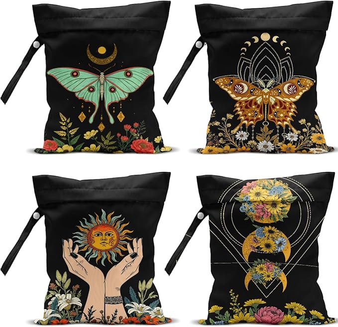 4Pack Witchy Gifts Boho Wet Bag Waterproof Reusable Wet Dry Bag for Swimsuit Diaper Sun Moon Star Butterfly Floral Travel Yoga Toiletries Gift for Women Mom Birthday Christmas Halloween