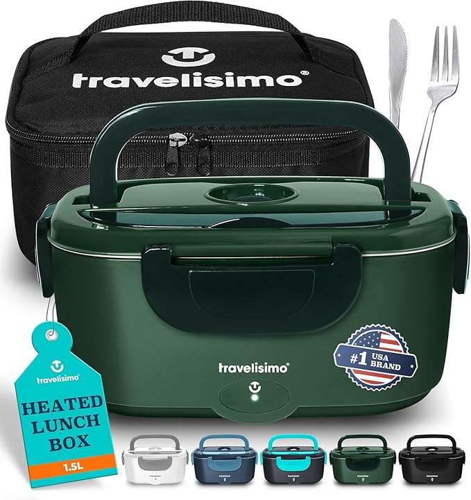 TRAVELISIMO Electric Lunch Box for Adults 80W Heated Lunch Box For Men 1.5L Stainless Steel Portable Food Warmer, 12/24/110V Electric Food Warmers for Travel & Work, Loncheras Para Hombres de Trabajo