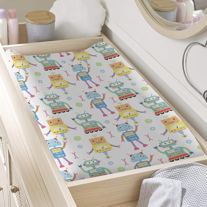 Cartoon Robots Changing Pad Covers Cute Robots Baby Diaper Changing Table Cover for Boys Girls Robots Nursery Decor Ultra Soft Breathable Stretch Changing Table Sheets Mats 32''x16''