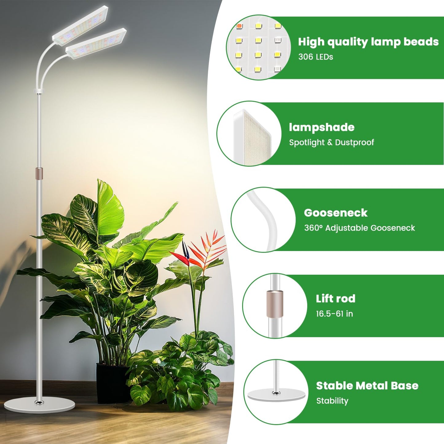 Wiaxulay Grow Lights for Indoor Plants, 306 LED Full Spectrum, Adjustable Height 24-68 in, 2 Heads, Timer, 3 Modes, White