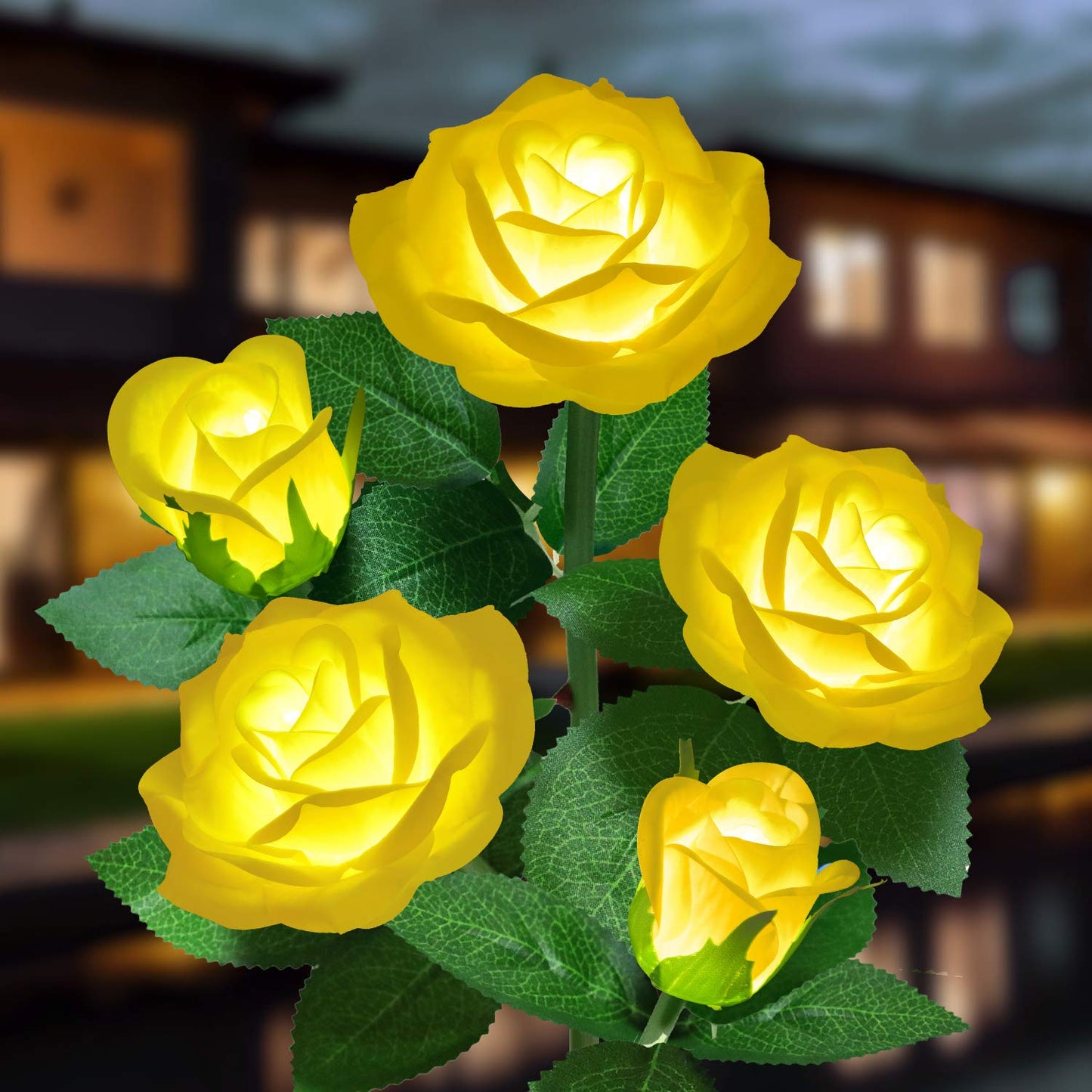 YWYWLED Solar Flower Lights Outdoor LED Waterproof, 5 Roses, 1 Pack, Yellow, Model 2023-5-12