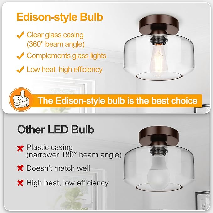 Industrial Semi Flush Mount Ceiling Light Brown, 800 Lumen LED Bulb Included, Clear Glass Shade Ceiling Light Fixture, Light Fixture for Hallway Bathroom Bedroom, Vintage Hanging Light Fixtures