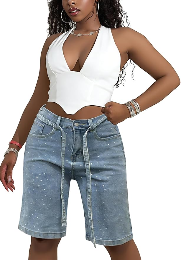 Vakkest Women's Sparkly Rhinestone Jean Shorts Bermuda Baggy Straight Leg Denim Shorts Shiny Glitter Party Y2k Outfits