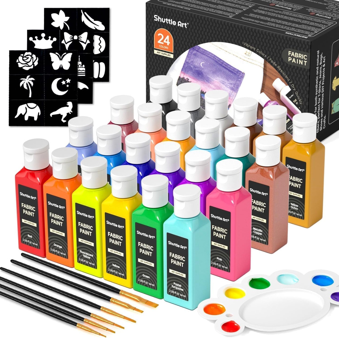 Shuttle Art Fabric Paint 24 Colors Permanent Soft Fabric Paint in Bottles (60ml/2oz) with Brushes &Stencils, Non-Toxic Textile Paint for T-Shirts, Shoes, Jeans, Bags, DIY Projects & Crafts